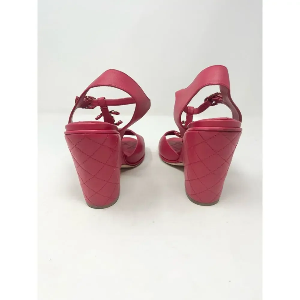 Chanel Interlocking CC Quilted Sandal Logo Red Pink Leather size 42 EU 11 US